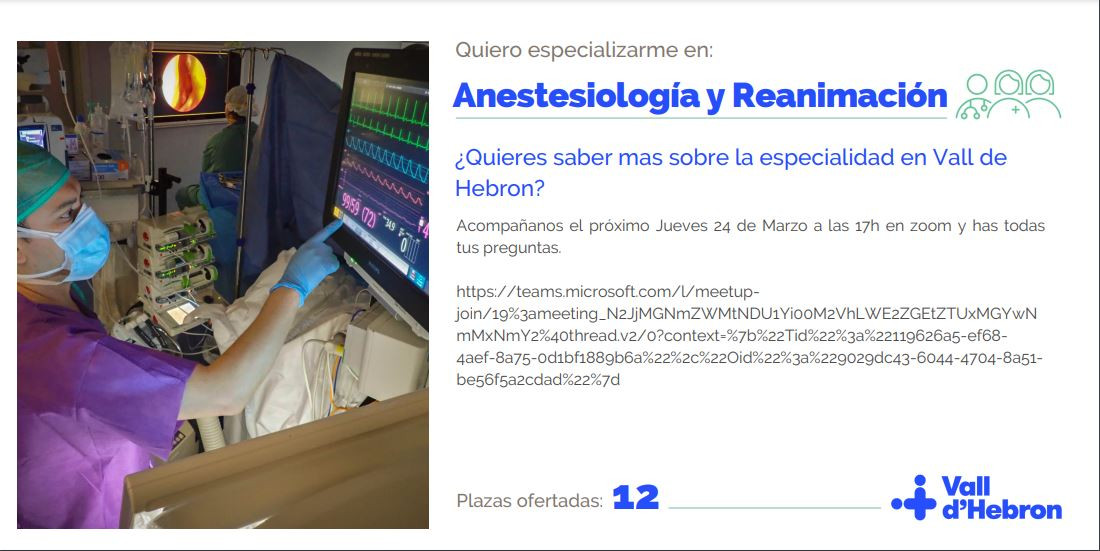 Sessió Informativa Anestesiologia i Reanimació dijous 24 de març a les 17.00 h